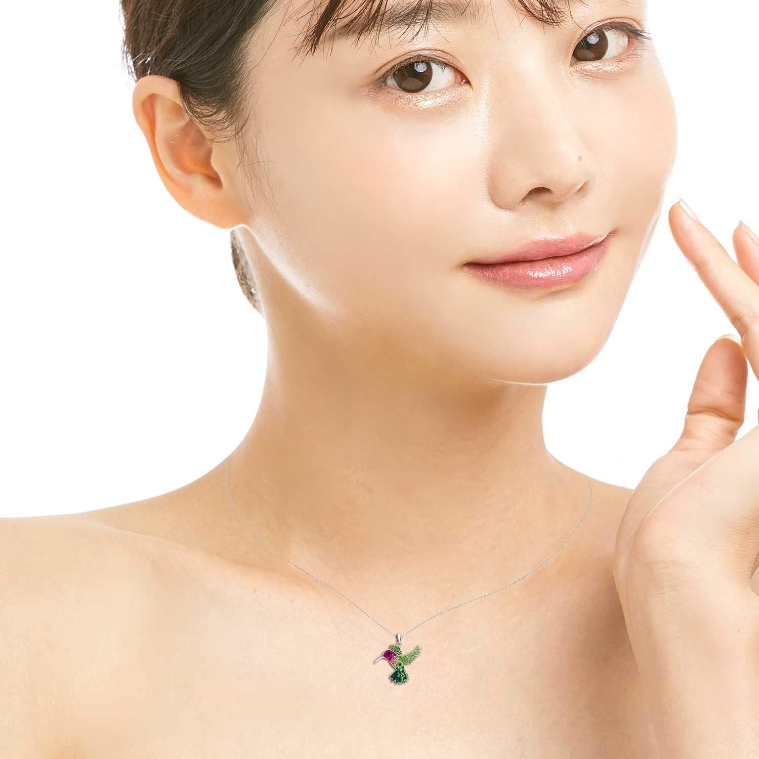 カラフル クリスタル ハチドリ ペンダント ネックレス 錆びない 925 スターリングシルバー 天然・低刺激性 チェーン Special Moment of Loveに最適で相手をワクワクさせるギフトボックス付き(無料)