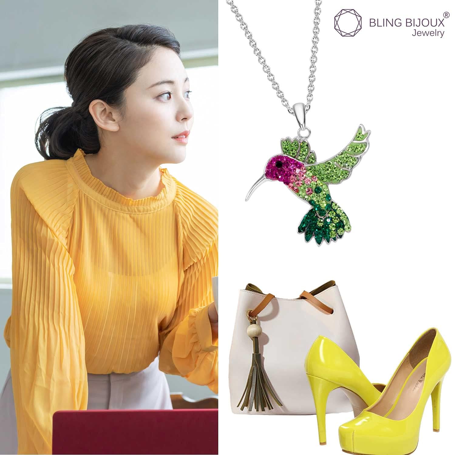 カラフル クリスタル ハチドリ ペンダント ネックレス 錆びない 925 スターリングシルバー 天然・低刺激性 チェーン Special Moment of Loveに最適で相手をワクワクさせるギフトボックス付き(無料)